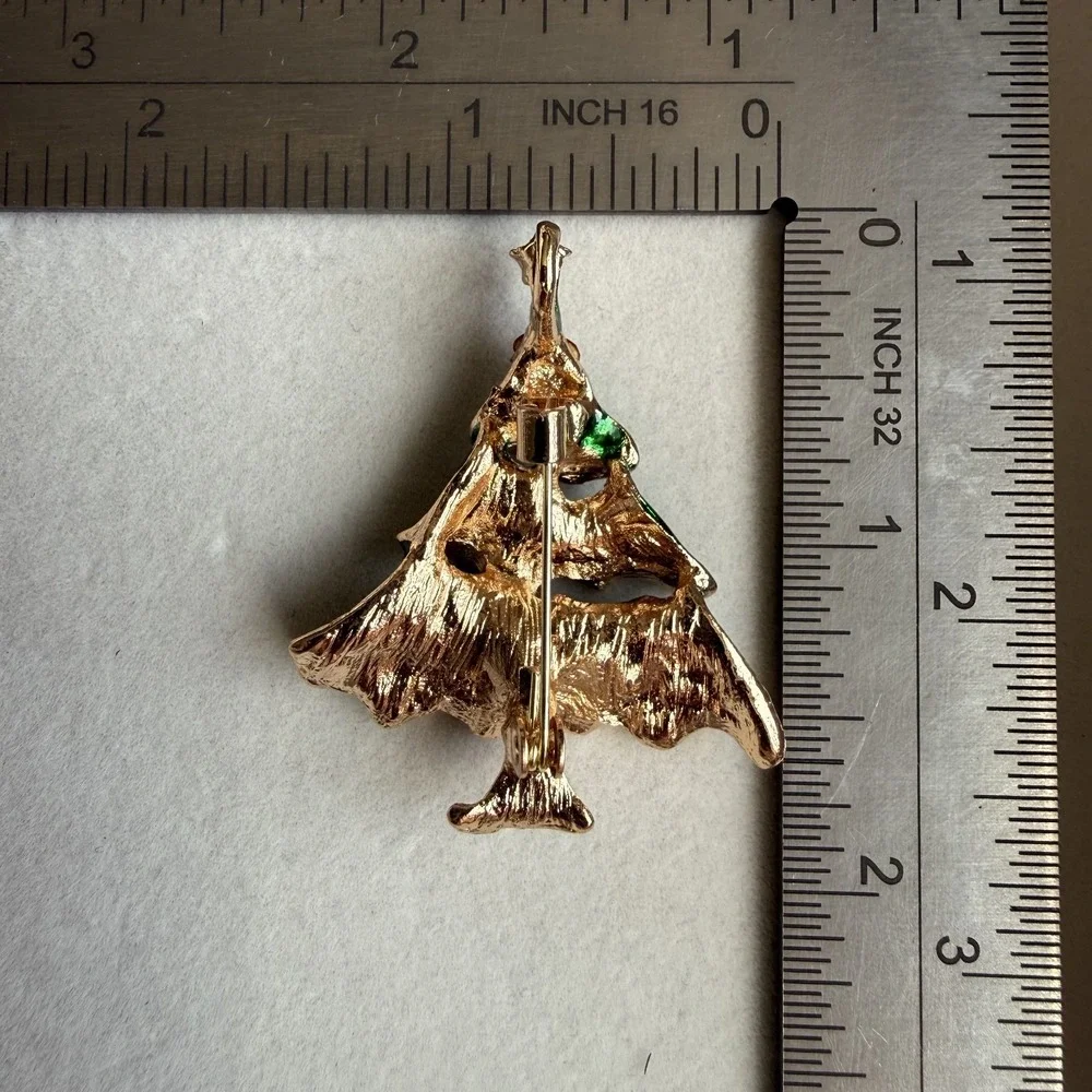 Christmas Tree Brooch Pendant Green Enamel Rhinestone Gold Tone Holiday Jewelry